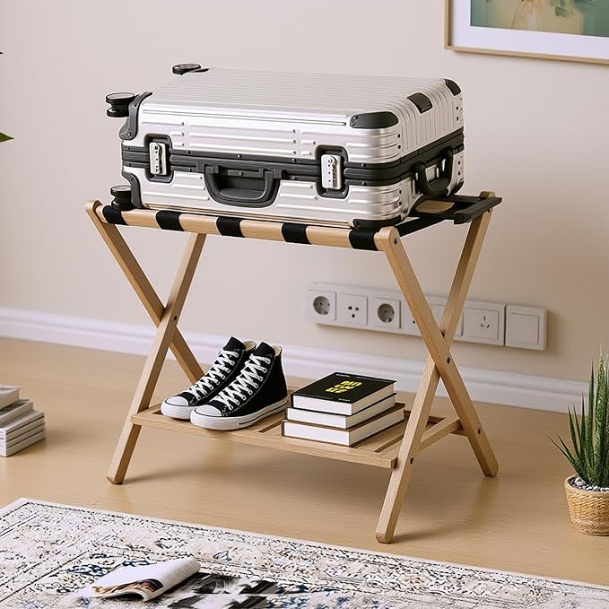 Bamboo Luggage Rack with Shoe Shelf Folding Suitcase Stand with 5 Heavy-Duty Straps for Guest Room Living Room Hotel Ideal Luggage Holder for Suitcases Bags Shoes,Nature