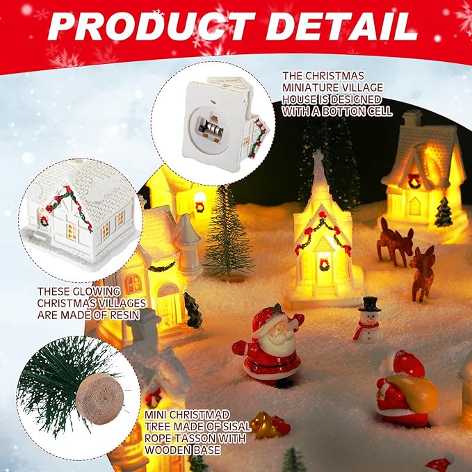 Poen LED Christmas Village Sets Lighted Resin Miniature Christmas Houses Town Figurine Display Tiny Mini Tree Winter Village Ornament Kit for Xmas Town Scene Desktop Ornament Table Decoration