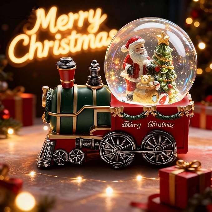 Christmas Snow Globe with Light up and Musical Snowflakes, 5.9 Inch Height Santa Claus Train Resin Snowglobe, Christmas Holiday Indoor Decor.