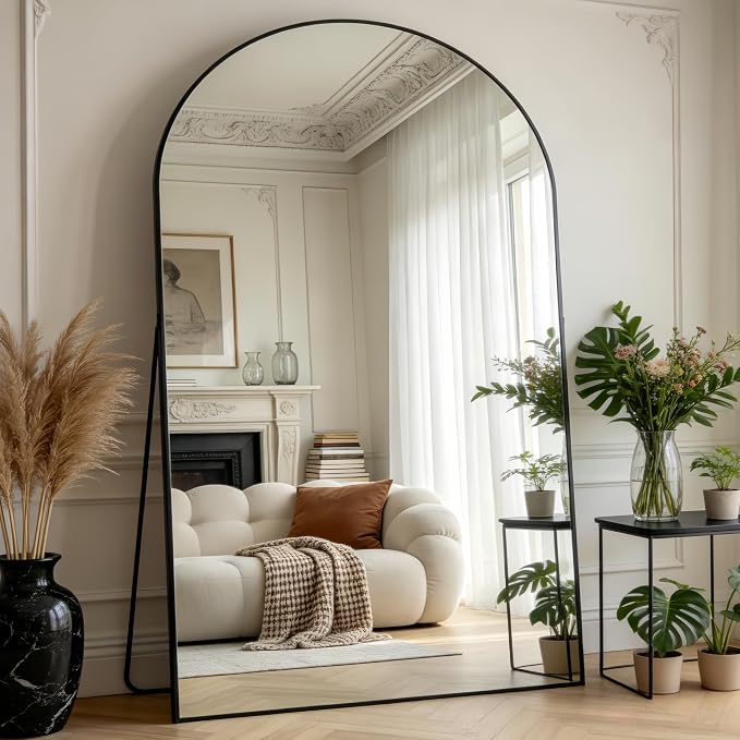 Prywot Full Length Mirror, Oversized 86"x46" Arched-Top Floor Mirrors, Modern Full Body Mirrors with Stand, Wall Mirror with Aluminum Alloy Frame for Bedroom,Living Room, Black