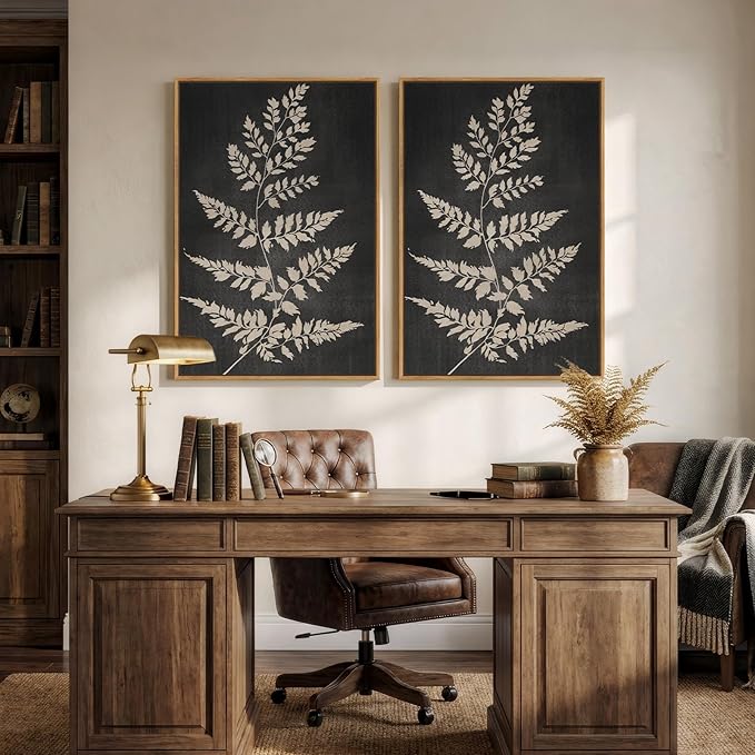 Large Framed Vintage Botanical Wall Art Set of 2, Black Neutral Retro Leaf Canvas Paintings Prints, Rustic Minimalist Modern Farmhouse Pictures for Living Room Bedroom Office Wall Decor, 24x36 Inch