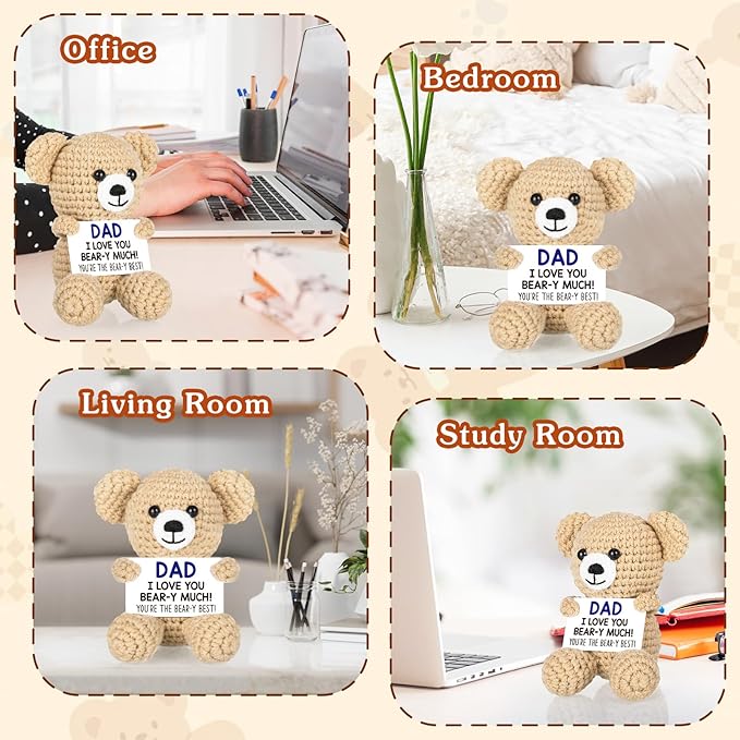WELLBANEE Mini Bear Gifts for Dad Father from Daughter Son, Birthday Gifts for New Step Bonus Dad, I Love You Handmade Emotional Crochet Bear