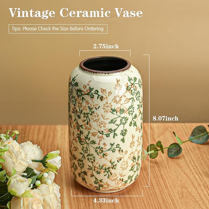 Ceramic Vase for Flowers – Modern Small Ribbed Textured Flower Vase for Home Decor, Pampas Grass, Decorative, Farmhouse, Coffee Table, Kitchen Centerpieces, Bookshelf and Home Living (Ice Crack Beige)
