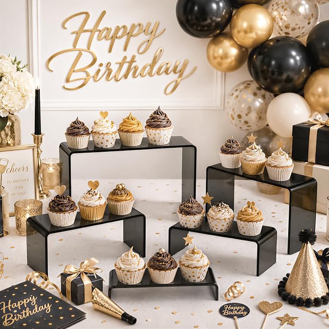 FUNFERY Acrylic Display Risers, 2 Set(7.8" L~8.2" L~8.6" L~9”L~9.3”L) Display Shelf for Figure, Collectibles, Cupcake, 5-Tier Clear Acrylic Stands for Dessert, Jewelry, Candy Showcase
