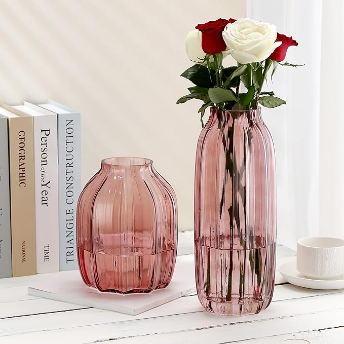 Large Pink Glass Vase for Flowers Ribbed Tall Pink Red Floor Vase 8.0" Decorative Vases for Home Table Centerpieces Flowers Decor and Farmhouse