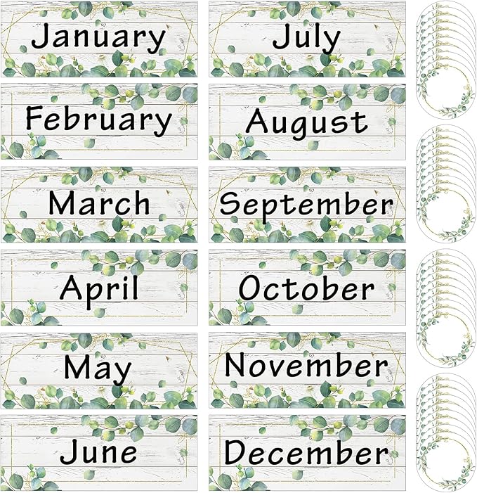 Zonon 48 Pieces Holiday Monthly Headliners Set 12 Months of The Year Headers Seasonal Monthly Bulletin Board Borders with 36 Round Blank Confetti Cutouts(Greenery)