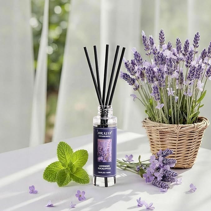 Airkeep Reed Diffuser Set,1.69 fl oz (50 ml) - Lavender Eucalyptus Oil Diffusers with 8 Reed Sticks,Home Fragrance Reed Diffuser for Bathroom Shelf Decor