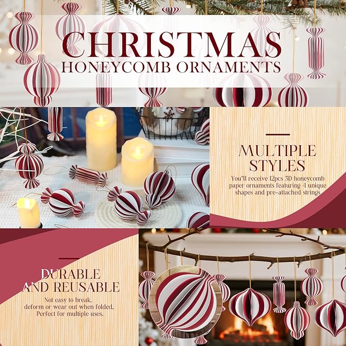 12Pcs Red and White Christmas Decorations, 3D Candy Paper Honeycomb Ornaments for Tree, Decorative Hanging Ornaments Craft Balls Honeycomb Lanterns for Xmas Tree New Year Holiday Party Home Decor