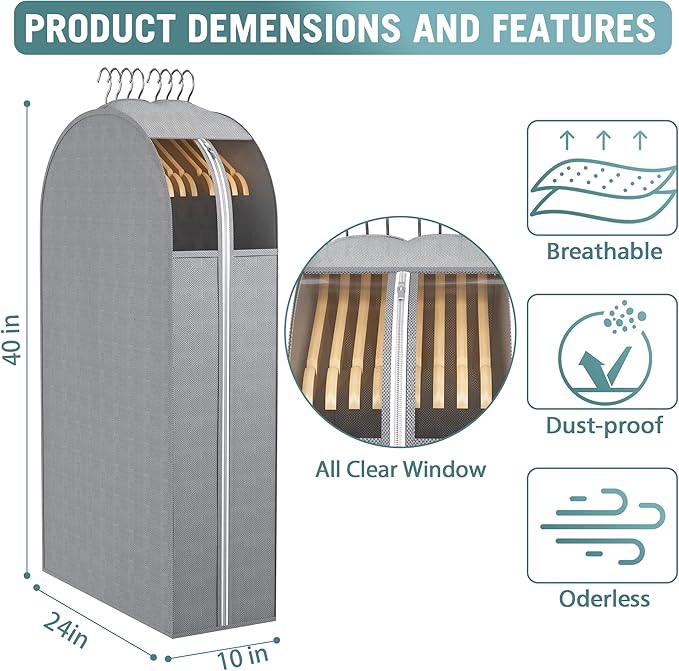 10" Gusseted Garment Bags for Hanging Clothes with Clear Window, 40" Suit Bags for Open Closet Storage, Clothing Cover for Coat, Dress, Jacket, Shirt, Fur Wardrobe Protector, 4 Packs