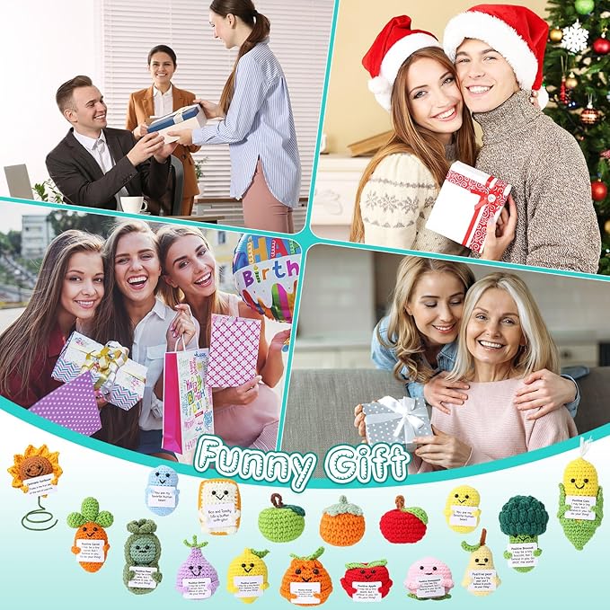 VioraWhite 18 Pcs Crochet Dolls Bulk Positive Handmade Knitted Emotional Fruit Vegetable Dolls with Encouragement Cards for Employee Appreciation Gifts, Coworker Team Building Keepsakes