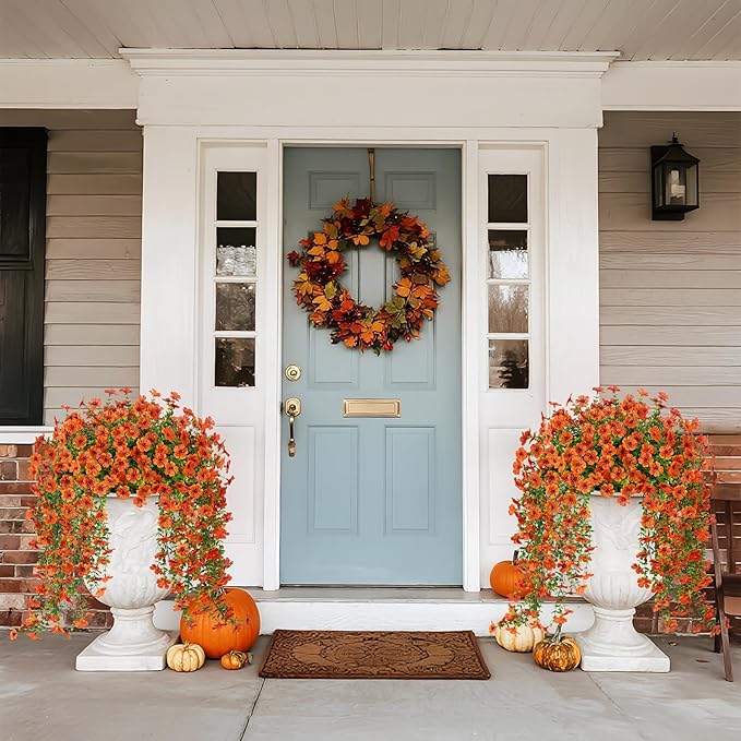 Artificial Hanging Flowers for Outdoors Fake Plants Decoration, 2 Packs Faux Silk Daisy Flower Realistic Outdoor Flowers UV Resistant Porch Patio Window Yard Indoor Spring Decor(Orange)