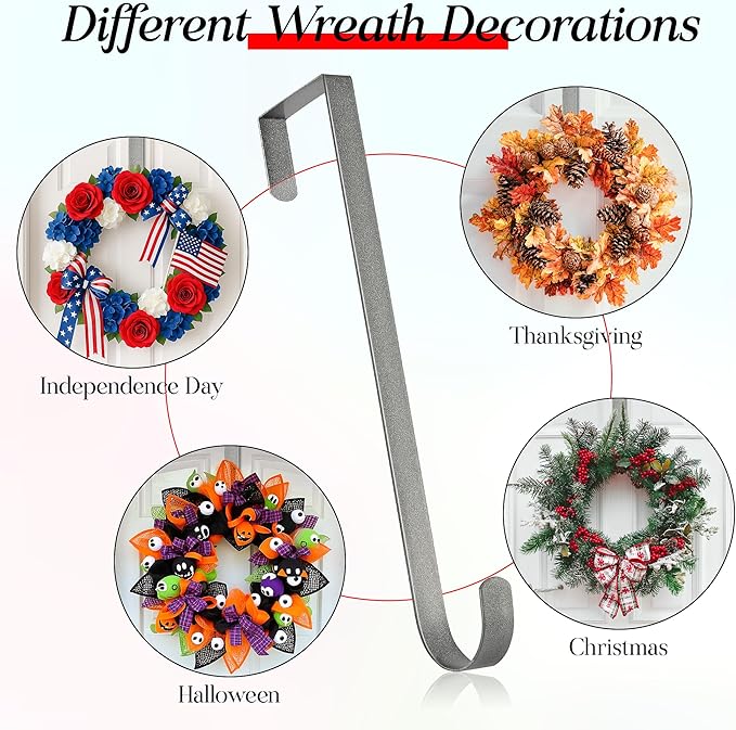 MCFULL 14 in Wreath Hangers for Front Door,Sturdy Metal Wreath Doors Hangers,Over The Door Hooks for Front Porch Decor,Silver Garland Hooks Holders for Halloween Christmas Decorations,2 Packs