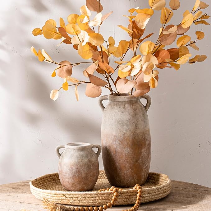 Ceramic Flower Small Vase 6 inch Farmhouse Rustic Vase Decorative Pottery Terracotta Vases for Home Decor Table Mantle Fireplace Living Room Bathroom Wedding Centerpiece