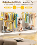 100% Stainless Steel Heavy Duty Clothes Rack Load 860 LBS, 2-Tier Rolling Garment Rack with Wheels, Adjustable Double Rod Clothing Rack for Hanging Clothes, Commercial Closet Rack for Coat Storage