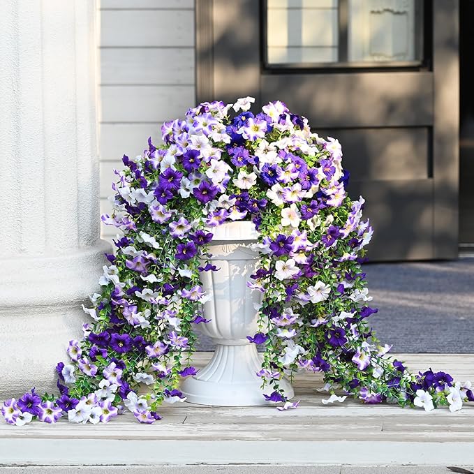 Waipfaru Artificial Petunias Flowers for Outdoors, 2 Pcs UV Resistant Fake Hanging Plants Spring Outside Decor, Faux Silk Flowers Long Trailing Vines for Outdoor Planters Porch Garden (Purple White)