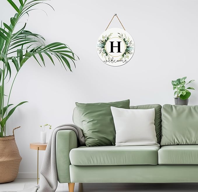 Monogram Letter H Wreaths for Front Door Wreath Wooden Welcome Sign for Front Door Decor Floral Family Last Name Initial House Warming Spring Summer Porch Rustic Wall Home Kitchen Boho Decorations
