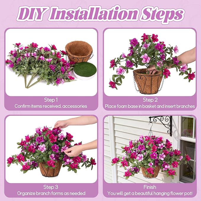 Artificial Hanging Flowers for Outdoors Hanging Baskets, 3 Pcs Fake Silk Flower with Hanging Baskets Planter for Spring Summer Garden Porch Patio Yard Outside Decor