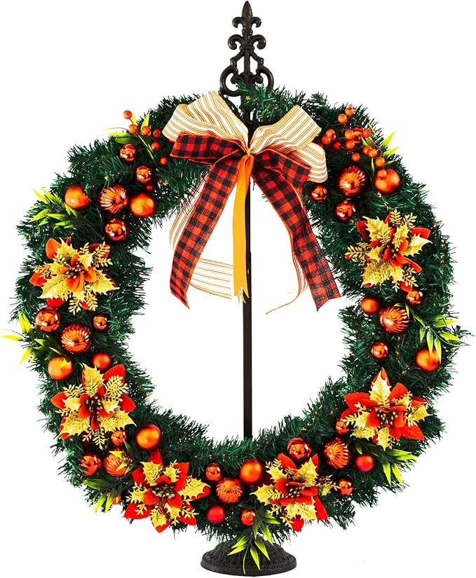 Wreath Stands for Display, Metal Wreath Holder Stand, Standing Wreath Hanger with Wrought Iron Base, Adjustable Tabletop Display Stand for Christmas and New Year Wreath, Wedding Party Decor