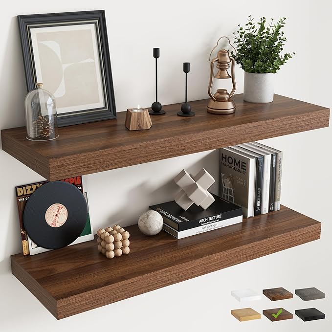 40 Inch Long Floating Shelves for Wall Set of 2, 12"D Wood Grain Bathroom Shelves with Invisible Brackets, Easy Install Engineered Wood Storage Shelves for Kitchen, Living Room, Bedroom, Walnut Finish