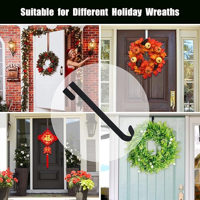 GameXcel 12" Wreath Hanger for Front Door - Large Wreath Metal Hook for Christmas Wreath Over The Door Single Hook, Black