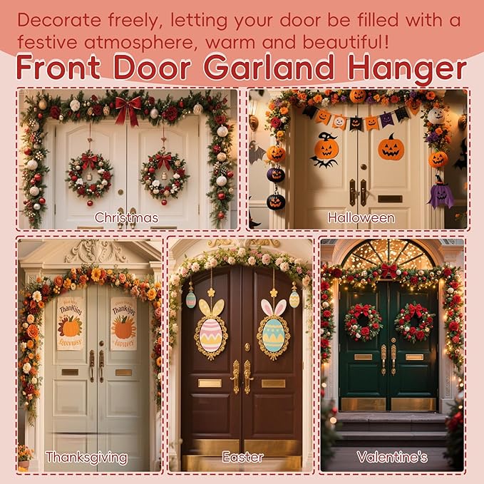 Front Door Garland Hanger Suitable for 32"-80" Width Doors, Tool-Free Non-Destructive Adjustable Hanger for Valentine's Day Wreaths, Heart Decorations, String Lights