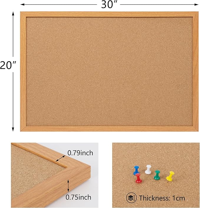 Cork Board Bulletin Board 20" x 30", Wood Framed Corkboards for Wall Decor, Hanging Office Message Board, Large Wall Mounted Notice Pin Board with 15 Push Pins for School, Home & Office