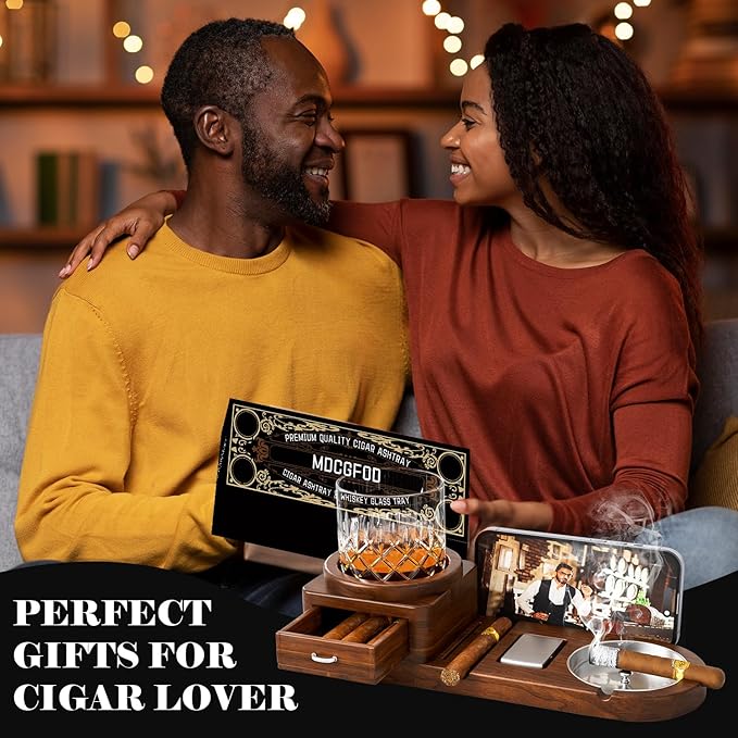Father Day Gifts Wood Cigar Ashtray Cigarettes Ashtrays for Indoor Outdoor Patio Home Office Use Square Wooden Brown Cigar Ash Tray Father s Day Gift Ideas for Men with GIFT BOX (with drawer)