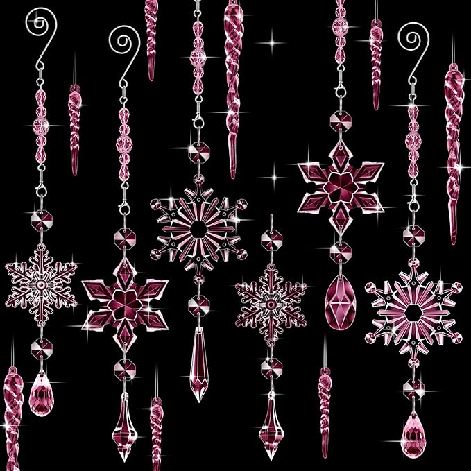 Giegxin 32 Pcs Crystal Christmas Ornaments Crystal Hanging Snowflakes Acrylic Xmas Tree Icicle Drop Decorations with Hooks for Christmas Snow Party Winter(Pink)
