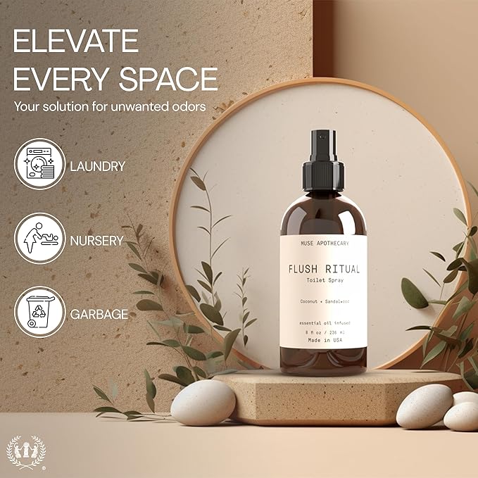 Muse Apothecary Flush Ritual - Aromatic & Refreshing Toilet Spray, Use Before You Go, 8 oz, Infused with Natural Essential Oils - Coconut + Sandalwood, 2 Pack