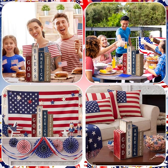 Lineshading 4 Pcs Patriotic Table Decorations Glod Bless American 4th of July Tiered Tray Decor 250th Anniversary Wooden Book Red White and Blue Memorial Day Centerpiece Decorations for Home Shelf