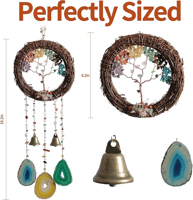 Handmade Natural Rattan Dream Catcher with Gemstones, Wind Chimes & 6-Color Life Tree–Boho Wall Hanging Decor for Home, Bedroom, Garden–Unique Gift for Housewarming, Birthday, Christmas