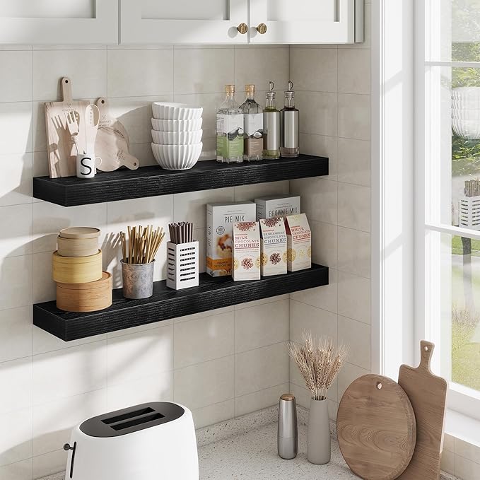 Fun Memories Bathroom Shelves 32 Inch Long Set of 2, Floating Shelves for Wall with Invisible Brackets, for Bedroom, Living Room, Kitchen, Black