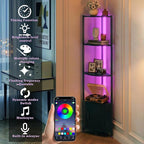 Corner Shelf with Storage, LED Lights 6-Tier Corner Bookshelf, 66'' Organizer Book Shelf Shelves Steel Frame Display Stand with Living Room, Bedroom, Study, Black