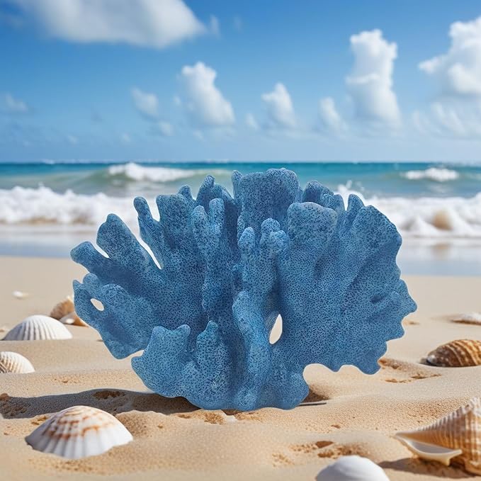 Etlemonde Blue Beach Coastal Fan Coral Decor Resin Statue - Faux Sea Coral Reef for Bathroom Shelf, Coffee Table, Nautical Beach House Home Decor Accent