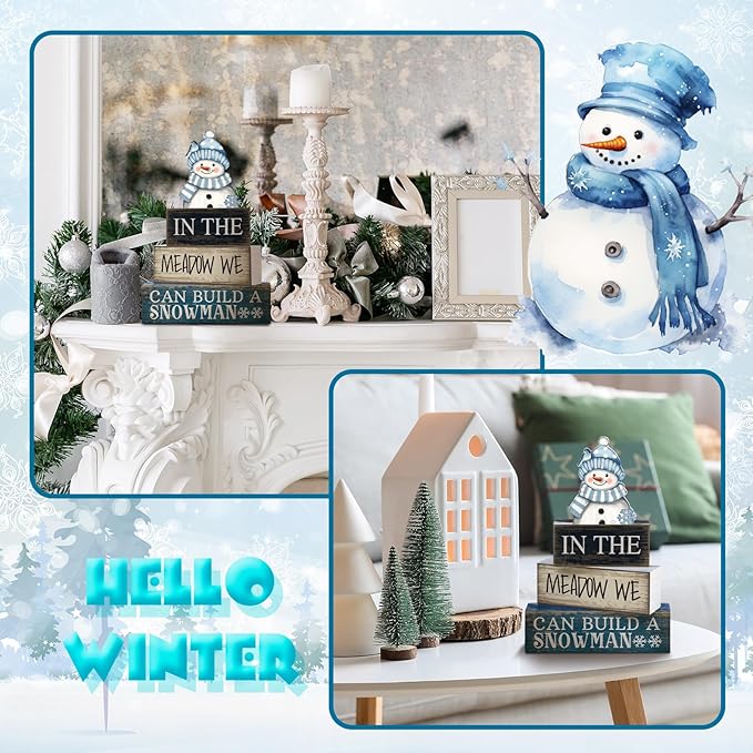 Yuntau 4 Pcs Winter Table Decoration Blue Snowman Decor Winter Tiered Tray Decor Christmas Centerpiece Decorative Wooden Snowman Block Sign Decoration for Home Kitchen