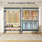 FUTASSI P1 Plus Rolling Clothes Rack, 22mm Diameter Heavy Duty Garment Rack with Wheels, Portable Closet Wardrobe with Double Rods, 45" W x 17.7" D x 80.5" H, Max Load 524 LBS, Black