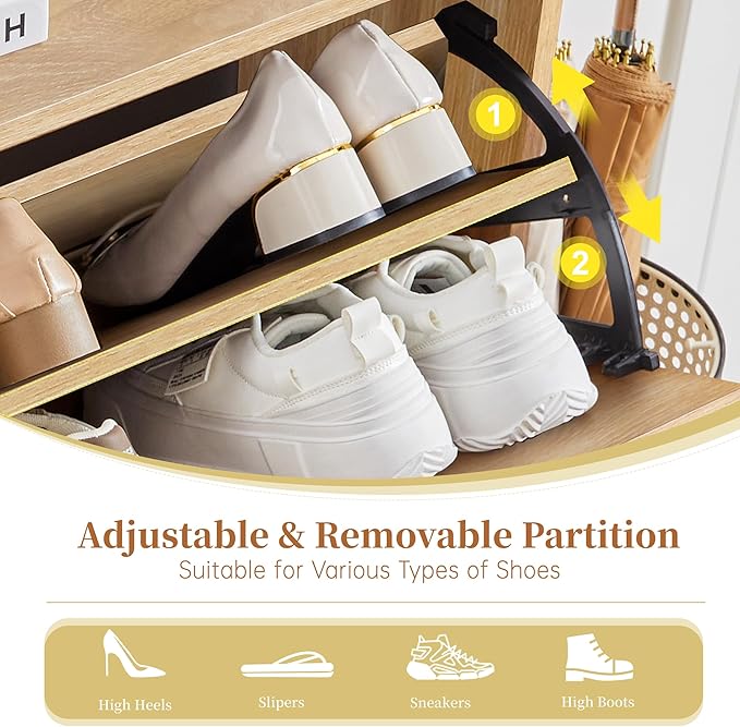 BERRYMERRY 47.2” Shoe Storage Cabinet for Entryway with 4 Flip Drawers, Narrow Shoe Organizer with Wave&Fluted Panel, Freestanding Wood Hidden Shoe Cabinet for Hallway