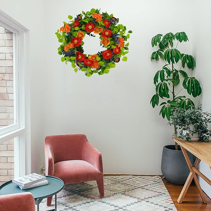 WreathDream 22 inch Artificial Spring Summer Wreaths for Front Door Poppy Wreath with Lavender Ear,Cherry Blossom,for Front Door Indoor Outdoor Home Farmhouse Decor