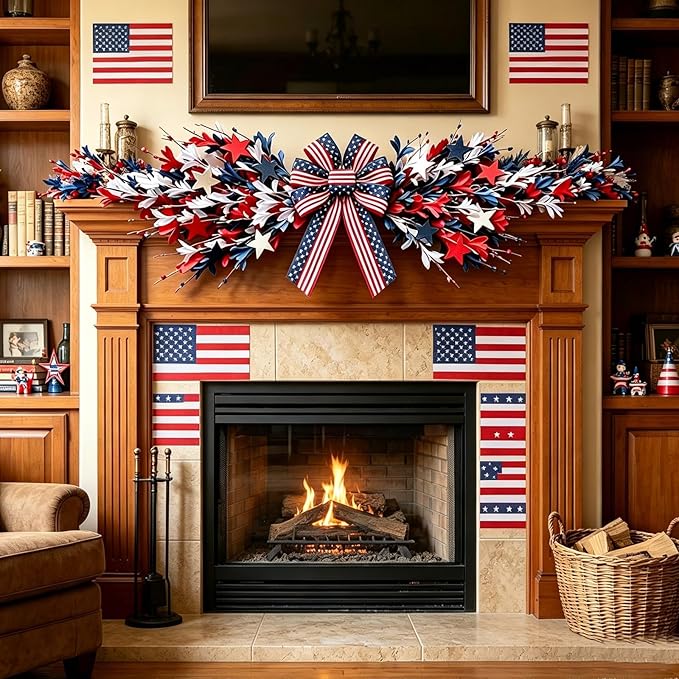 4th of July Patriotic Swag Red White and Blue Memorial Day Front Door Floral Twigs Swag with Forsythia Flowers Stars Independence Day 250th Anniversary Veterans Day Decor for Arch Wall Home Decor