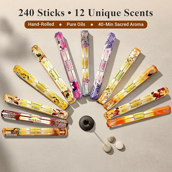 Tulasi Incense Sticks Pack of 12 Natural Scent (240 Sticks) Variety Fragrance of Coconut, White Sage, Red Rose, Palo Santo Lavender & Cinnamon etc, Ideal for Meditation & Positive Vibes
