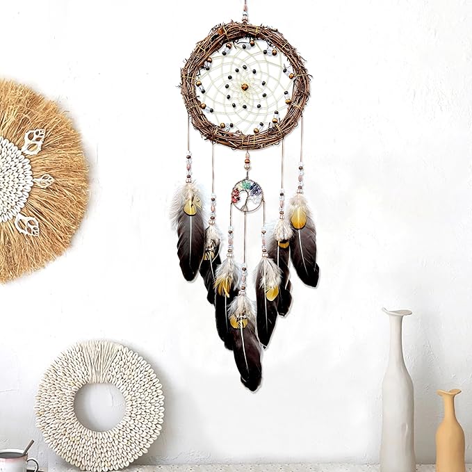 Tree of Life Dream Catcher, Handmade Woven Traditional Craft Rattan Dream Catchers Wall Hanging Ornament,7 Chakras Crystal Healing Stones Art for Bedroom Decor, Festival Blessing Gift (Dark Brown)