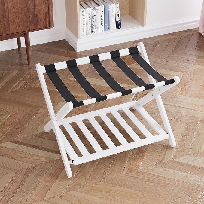 Smuxee Fully Assembled White Luggage Rack, Upgraded Bamboo Foldable Suitcase Stand with 5 Nylon Straps, Luggage Holder with Shelf for Guest Room Bedroom Hotel (White Luggage Rack 1pcs)