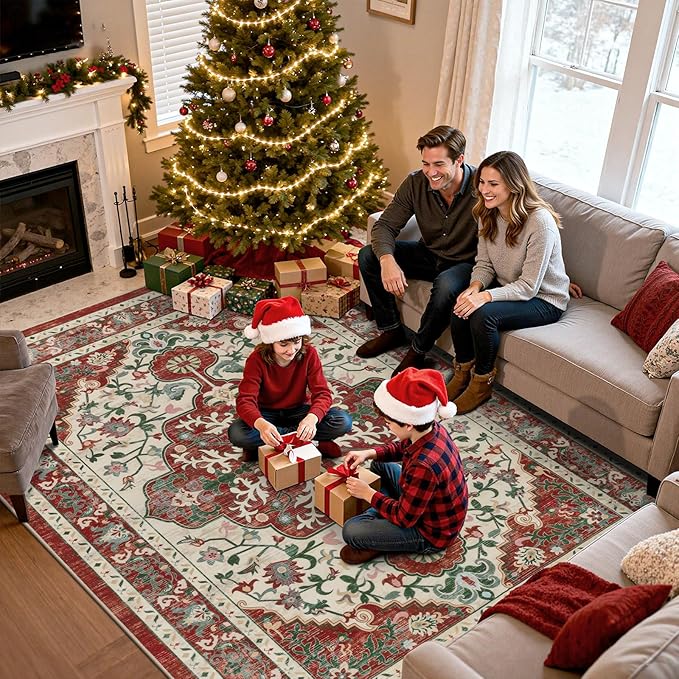 U'Artlines Red Christmas Area Rug 8x10 Large Boho Washable Soft Winter Holiday Carpet for Living Room Bedroom Dining Room Office Indoor Rugs for Xmas Decor