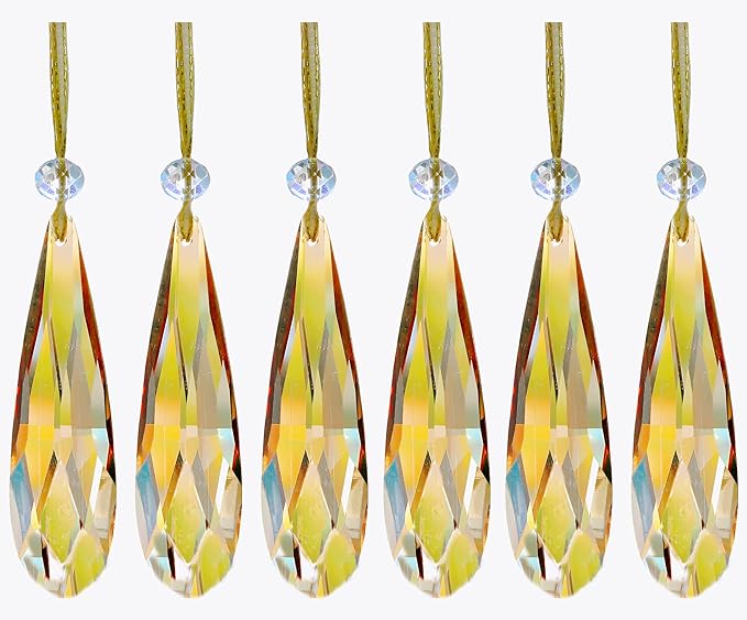 Crystal Glass Christmas Ornaments, 6Pcs Teardrop Prism Hanging Crystals for Christmas Tree,Centerpieces,Wedding,Party Decor (Gold)