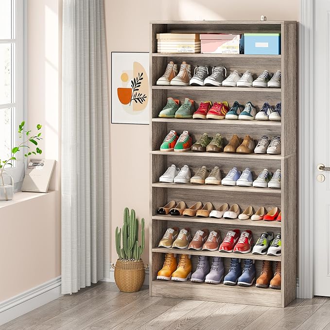 Tribesigns Tall Shoe Cabinet, 9 Tiers 40-45 Pairs Heavy Duty Wood Freestanding Shoe Storage Cabinet, 70.8'' Tall Shoe Cabinet with Open Storage for Entryway (1, Beige Gray)