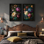 Large Framed Vintage Floral Wall Art Set of 2, Colorful Rustic Farmhouse Botanical Canvas Prints, Moody Cottage Core Peony Flower Pictures Wall Decor for Living Room Bedroom Dining Room, 24x36