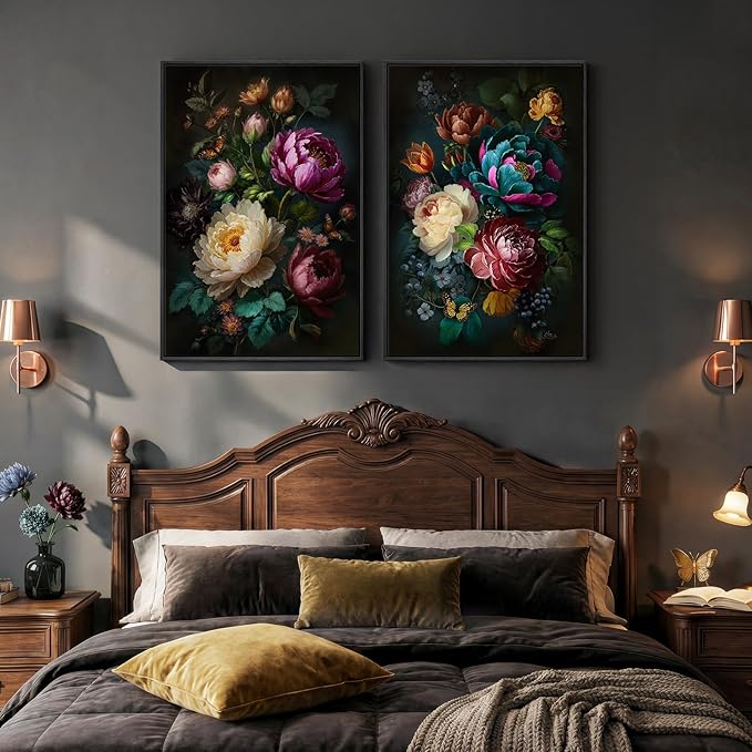 Large Framed Vintage Floral Wall Art Set of 2, Colorful Rustic Farmhouse Botanical Canvas Prints, Moody Cottage Core Peony Flower Pictures Wall Decor for Living Room Bedroom Dining Room, 24x36