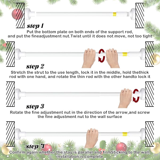 Leinuosen Christmas Front Door Garland Hanger 43-74 Inch Adjustable Christmas Wreath Hanger Stainless Steel Retractable Rod with 3 Green Tie Ropes No Nail Screw No Damage for Xmas DIY Hanging (White)