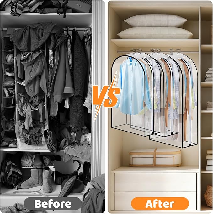 4 Pack Full Clear Garment Bags with Side Zipper, 40&60" Clothes Covers with 10" Gusset, Transparent Hanging Suit & Coat Covers for Closet Storage, Jackets, Dresses, Windbreakers