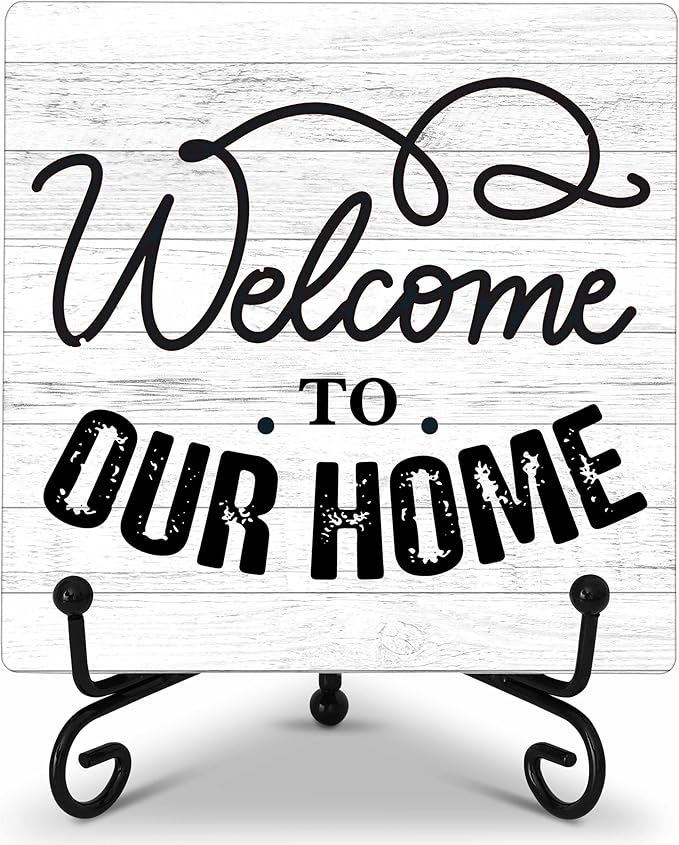 Welcome Home Sign, Welcome to Our Home Sign, Kitchen Decor and Accessories, Farmhouse Wooden Plaque with Iron Stand for Desk Shelf Decor-A16